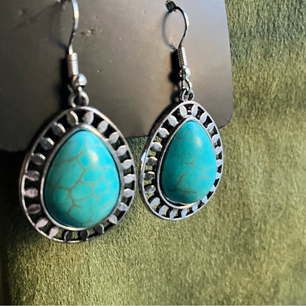 Turquoise stone teardrop silver earrings